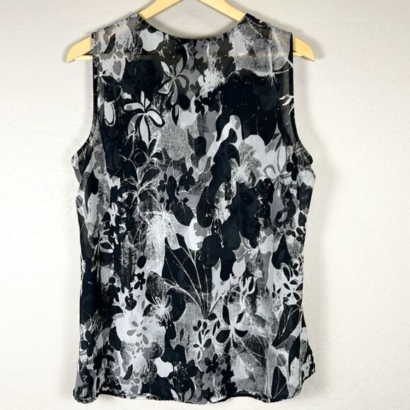 Lane Bryant Floral Ruffle Blouse Sheer Sleeveless Top Black Gray White 16 Plus - Picture 4 of 11